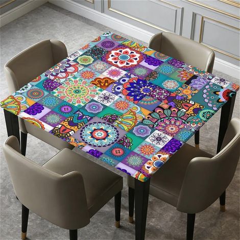 Quadratische Tischdecke 90x90cm mit Gummizug, wasserdicht, abwaschbar, Boho-Design