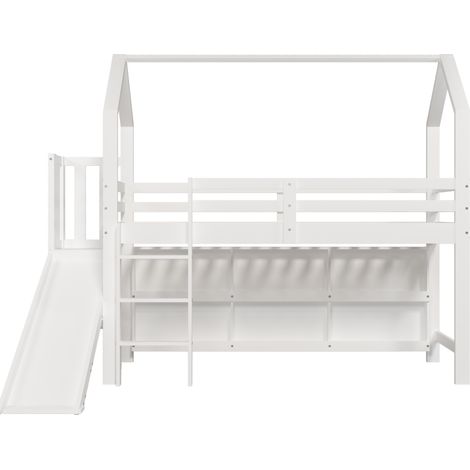 Cama infantil 90x200 cm con tobogán, escalera, almacenaje y estante, blanca, HOMVRA (1/5)