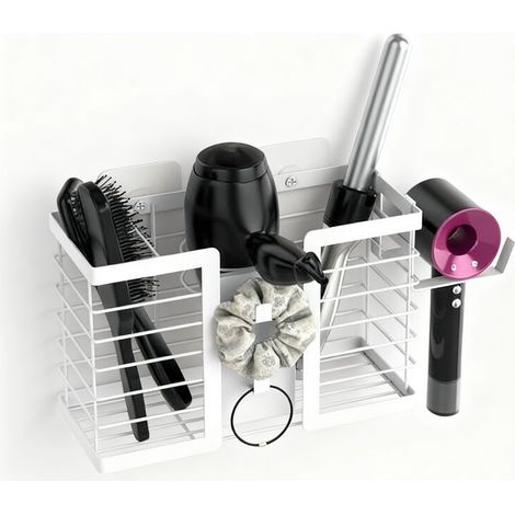 Étagère murale de salle de bain en métal, support 3 en 1 pour fers à friser, lisseurs et sèche-cheveux (Blanc) (1/5)
