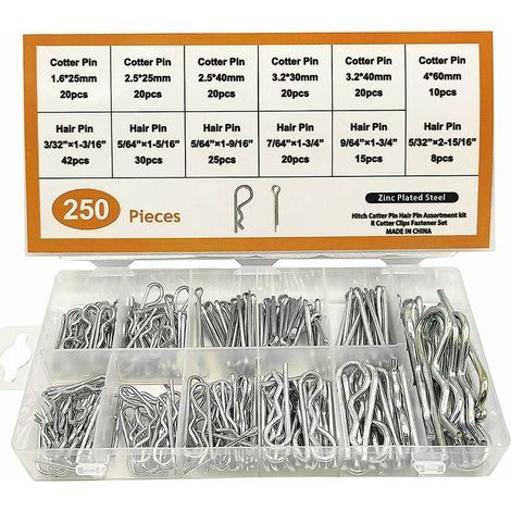 250 pièces Goupille à Ressort Fendue, Jeu de Goupilles Fendues, 6 Tailles Différentes, Accessoires pour Outils à Main de Fixation à Goupille Fixe à Ressort Galvanisé (1/5)