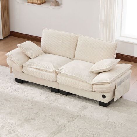 Canapé 190x73x84cm 2 Places Velours Côtelé Beige avec Port USB-C et Poches Latérales, Assise Large Ergonomique pour Salon (1/5)