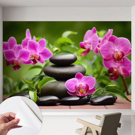 Carta da parati autoadesiva - fotomurale - alta qualità - per la cucina - camera da letto - Orchidee e pietre 152x104 cm (1/5)