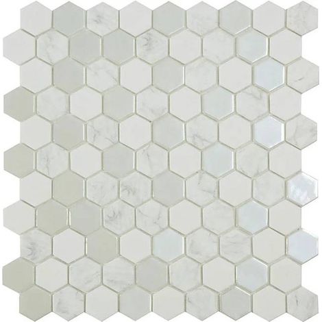 Mosaïque de pâte de verre ANTARTICA effet marbre hexagonales - Snow - - Snow - boîte de 0.87 m2