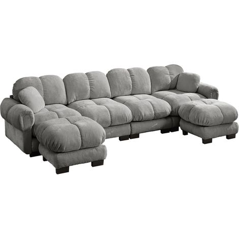 Canapé modulable en forme de U 4 places en tissu chenille gris clair avec 2 ottomanes mobiles (1/5)
