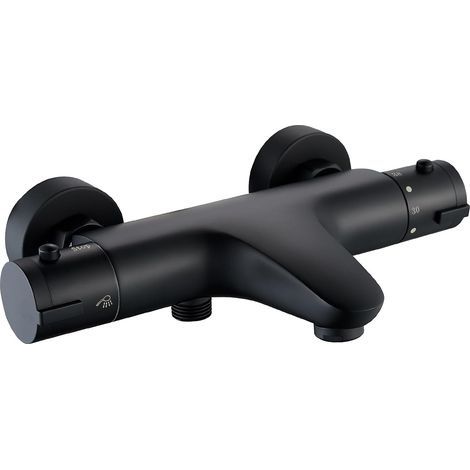Mitigeur Douche Thermostatique Noir, Mitigeur Baignoire Thermostatique en Laiton, Robinet de Baignoire avec Thermostat Arrêt de Sécurité à 38°C, Mural Robinet de Douche avec 2 Sorties, Noir (1/5)