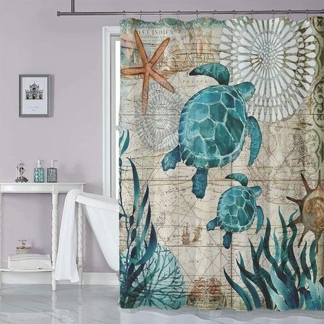 Rideau Douche 180x200cm Tortue Mer Polyester Lavable 12 Crochets (1/5)