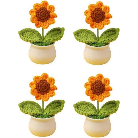 Lot de 4 mini tournesols en pot au crochet, faux tournesols tricotés (1/4)