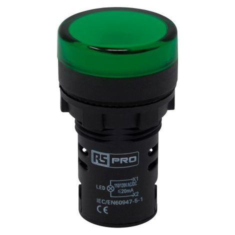 Voyant lumineux LED RS PRO Vert 110V c.a. / V c.c., Ø découpe 22mm, Montage panneau, IP65 ( Prix pour Paquet de 5 )