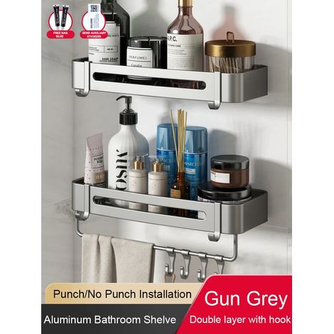 (2 Gris anthracite avec crochet) Étagère de salle de bain sans perçage, étagère d'angle en aluminium, panier triangulaire mural, organisateur de rangement pour salle de douche FR2006 (1/5)