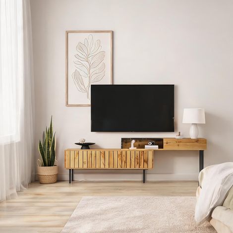 Meuble TV en MDF avec finition bois naturel pieds en fer 129 x (1/5)