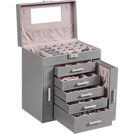 MINKUROW Joyero Mujer Joyero 6 Niveles Y 2 Cajones Para Collares Almacenamiento Y Organizador De Joyas Gran Almacenamiento Para Joyas Collares Anillos Pendientes Relojes Gris (1/5)