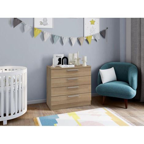 Home Heavenly®- Cómoda de 4 cajones CUBE, de madera aglomerada, sistema de apertura con bisagras, tiradores rectos acabado mate Color: Roble (1/5)