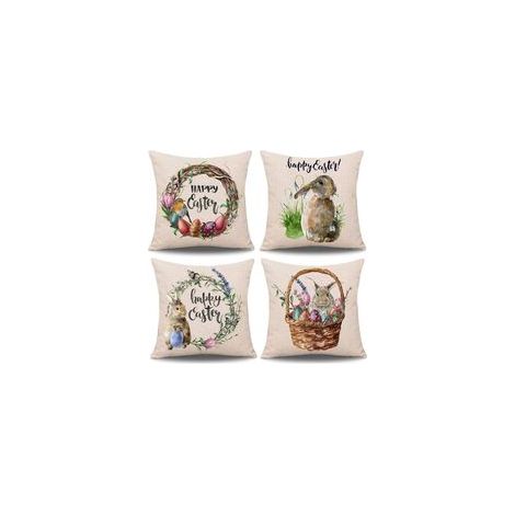 Ensemble de 4 taies d'oreiller de Pâques avec lapins et œufs, en coton et lin (45,7 x 45,7 cm). (1/4)