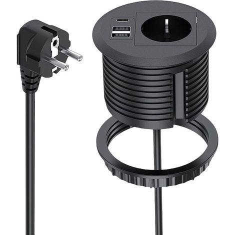 Prise encastrable avec USB, prise de table avec USB C PD20W, multiprise encastrable, avec 2 ports USB et câble d'alimentation de 1,7 m, prise de bureau pour trou de table de 80 mm, noir (1/5)