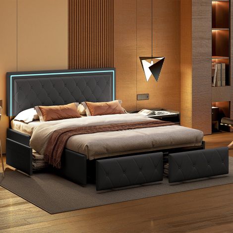 Doppelbett 140 x 200 cm mit LED-beleuchtetem Lattenrost, Polsterbett Stauraumbett mit 4 Schubladen und höhenverstellbarem Kopfteil, PU – Dunkelgrau
