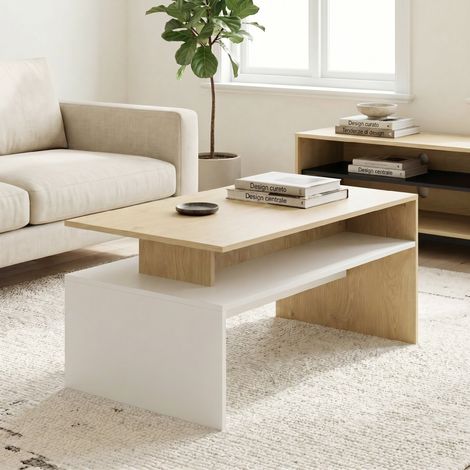 Table basse bicolore bois naturel et blanc, étagère asymétrique, 95 x 55 x 50 cm (1/5)