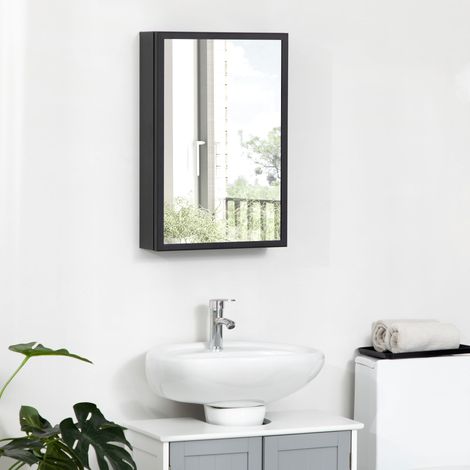 Mobiletto a specchio da bagno, a parete, con specchio, 1 anta e 2 ripiani, in acciaio, 40 x 12 x 60 cm, nero.