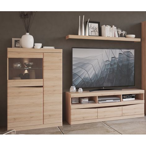 TV Wand mit Beleuchtung SANFORD-129 in Eiche hell Nb., B/H/T: ca. 250/170/40 cm (1/5)