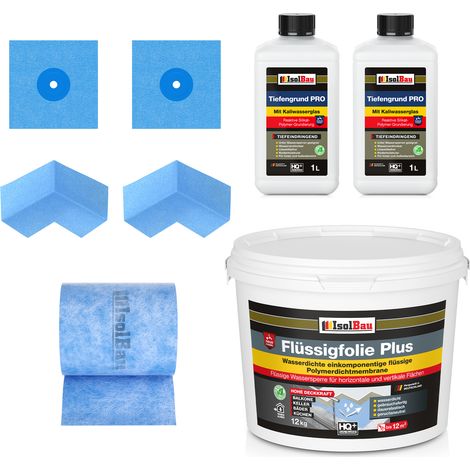 Dichtset 813B Film liquide plus 12 kg Tiefengrund PRO 2L 10 m de ruban adhésif 2 x coins 2 x brassards