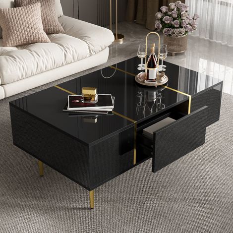Mesa de centro 100x60x41.5 cm negra de MDF con acabado brillante, 2 cajones y detalles dorados (1/5)