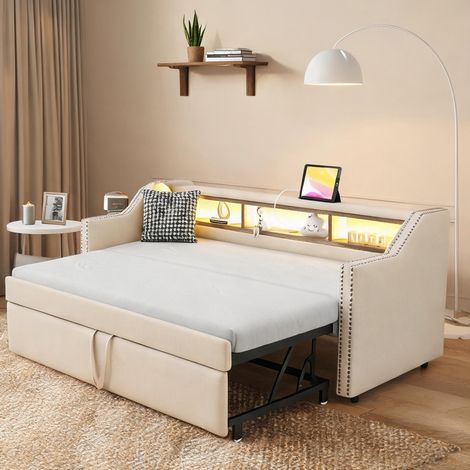 Cadre de lit beige en burlap 203,5 x 102 x 74 cm (1/5)