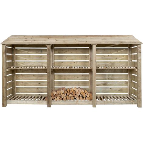 Slatted wooden log store with kindling shelf W-335cm, H-180cm, D-88cm - natural (light green) finish