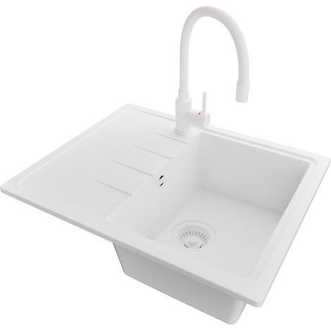 PRIMAGRAN Evier Cuisine en Granit 62x50cm,Lavabo 1 bac + Robinet 38x14cm + Kit de Vidage, Évier à Encastrer au meuble 40cm - Milan, Tout Blanc (1/5)