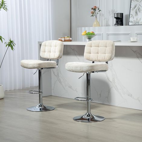Set aus 2 Barhockern mit Rückenlehne, höhenverstellbarer Rückenlehne und Fußstütze, Stahlrahmen, Belastbarkeit 120 kg, beige