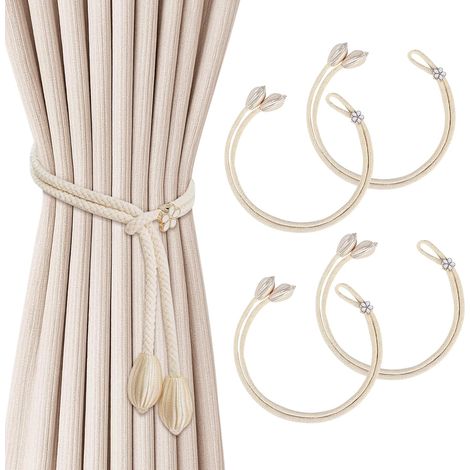 4 attaches-rideaux à corde avec boucle fleur métallique ajustable et pendentifs goutte, pour salon, chambre et salle de bain. (1/5)