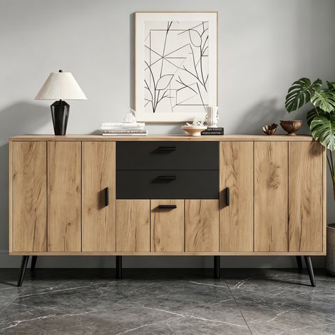 Buffet moderne 140x35x67 cm avec 2 tiroirs et 3 portes, grand plateau, meuble de rangement salon salle à manger, noir et bois (1/5)