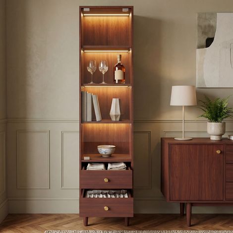 Vitrine haute avec éclairage LED intégré, armoire de rangement à porte en verre et 2 tiroirs – Buffet, finition bois avec poignées dorées – H165 × L40 × P35 cm