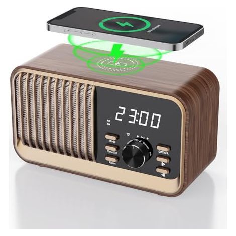 Radio-réveil avec charge sans fil rapide, compatible Bluetooth 5.3/radio FM/port USB/carte TF/entrée auxiliaire, haut-parleur stéréo 8 W, appels mains libres, radio-réveil à luminosité réglable pour c (1/5)