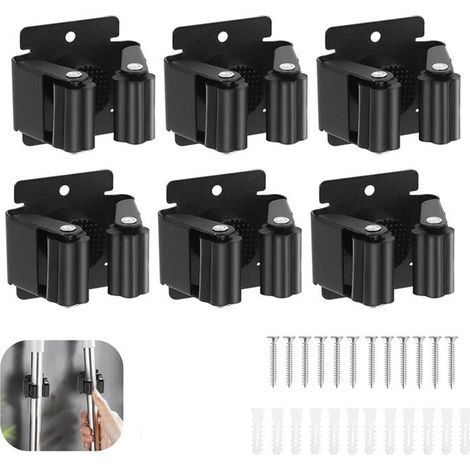 (Schwarz) Wandmontierter Besenhalter, Mopphalter für Bad, Küche, Büro, Garten, Garage – 6-teilig (1/4)