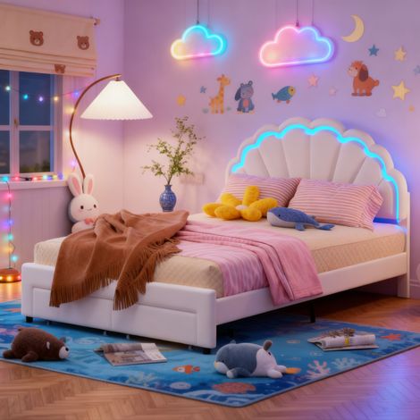 Lit enfant 140x200 cm avec sommier LED - Lit fille avec 2 tiroirs - tête de lit pétale réglable - Lit 2 Personnes - Velours - blanc (1/5)