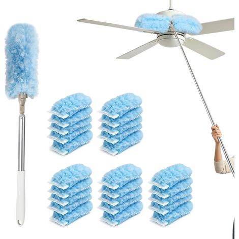 Poignée de Nettoyage Extensible 210 cm avec 25 Chiffons jetables, tête rotative 360° Antistatique, plumeau Multifonction pour Plafond, Ventilateur, fenêtre et endroits Difficiles d’accès (1/5)