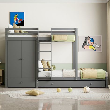 Lit Superposé Bois Massif 90x200cm avec Lit Gigogne, Tiroirs et Rangement Intégré Gris (1/5)