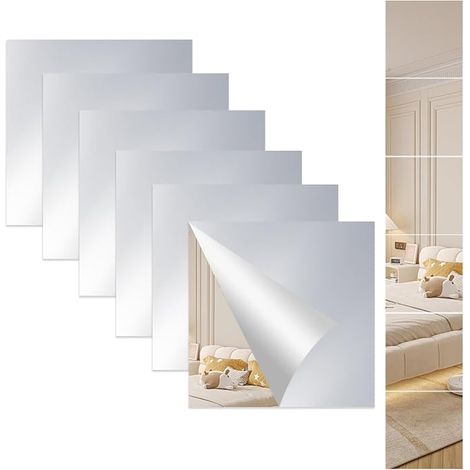 Lot de 6 rétroviseurs autocollants, 20 x 20 cm, épaisseur 2 mm, miroir acrylique flexible à coller, miroir HD, autocollant pour salle de bain, salon, chambre à coucher, armoire (1/5)