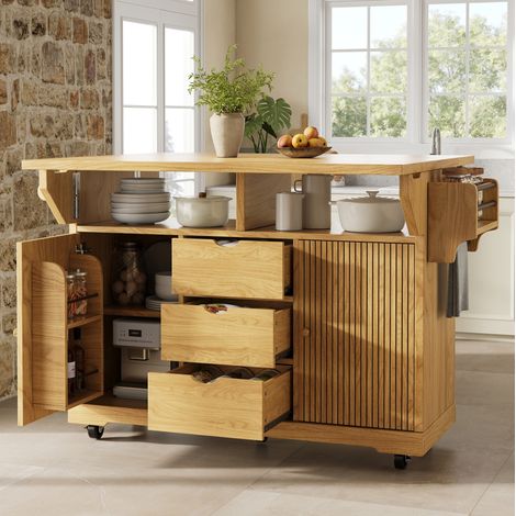 Carrello cucina con piano estensibile, altezza ergonomica 95 cm, 3 cassetti, MDF marrone, OKWISH (1/5)