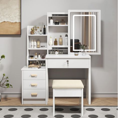 Tocador 85x36x130 cm blanco en MDF con espejo LED, 4 cajones y taburete (1/5)
