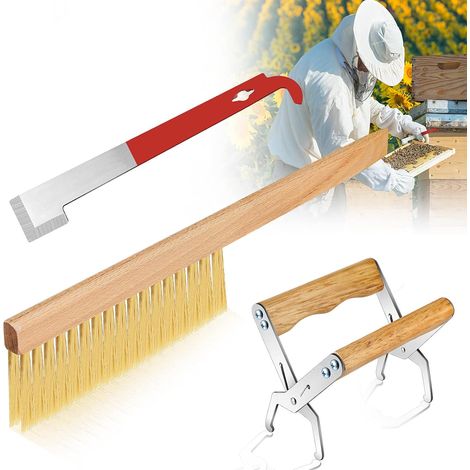 Imkerei-Werkzeuge für Imker, einschließlich Edelstahl-J-Haken-Rahmenheber und -Schaber, Bienenstock-Rahmengriffheber, Imkereibürste mit Holzgriff, Bienenstockbedarf