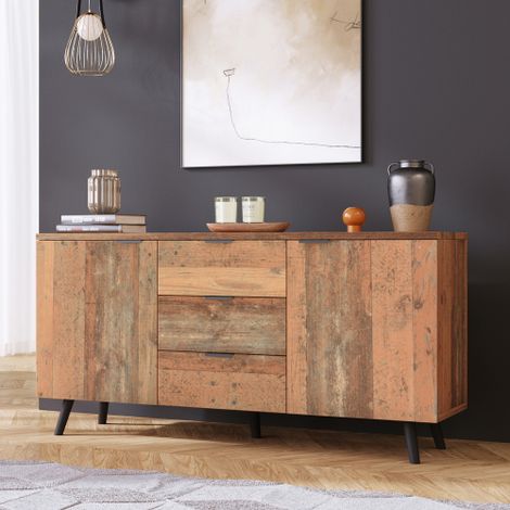 Meuble TV / Buffet avec étagères réglables, commode, meuble vertical, meuble de rangement à trois tiroirs — Pour salon, salle à manger ou chambre — Style vintage