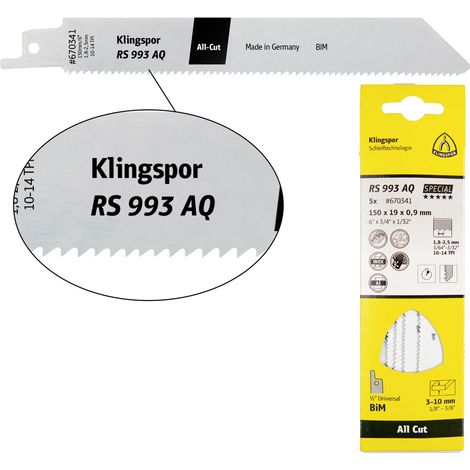 Klingspor RS 993 AQ Säbelsägeblätter, 300 x 19 x 0,9 mm Nutzlänge 280Bi-Metall, gefräst, geschränkt , 10-14 Zähne pro Zoll, SB-verpackt im Karton (1/5)