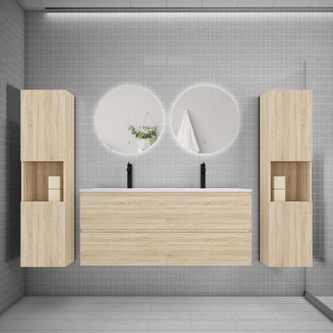 Ensemble meuble chêne et vasque L.120cm 4 tiroirs + colonne2 haut + lavabo + miroir 60x60cm2-suspendu