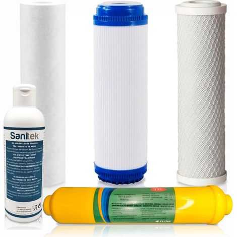 Set di 4 filtri acqua per osmosi inversa universale 5 stadi Post-filtro remineralizzante . Include un disinfettante SANITEK