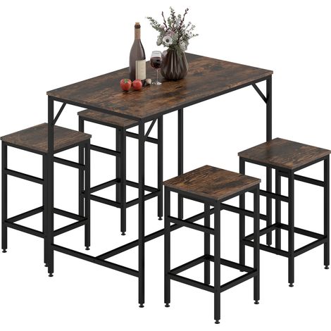 HOMCOM juego de mesa y taburetes de bar, mesa alta de cocina con 4 taburetes industrial, reposapiés, ahorro de espacio, marrón rústico