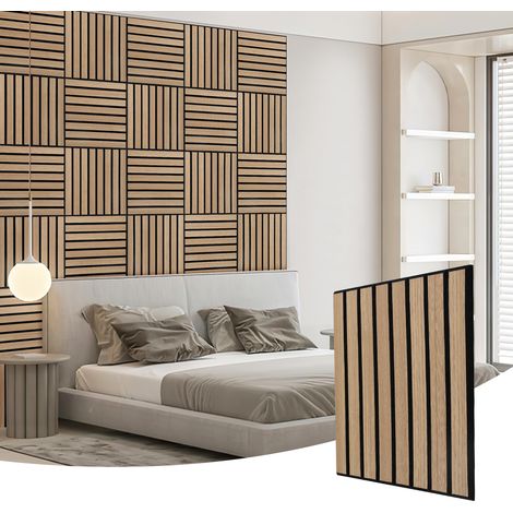 Wolketon 12 Stück Akustikpaneele 30x30cm, Innendekoration Wandpaneele, Holzpaneele Wand, selbstklebend Schallschutzplatten, Weiß-Eiche Lamellenwand auf Filz (1/5)