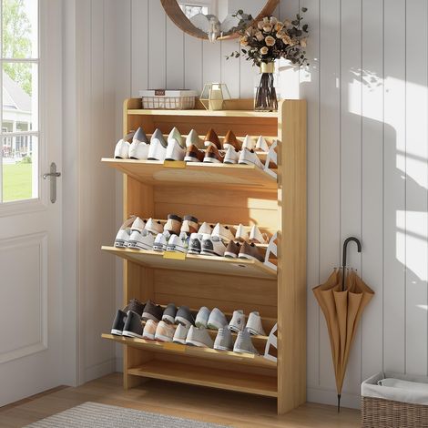 Meuble à Chaussures Gain De Place Avec 3 Portes à CharnièRes Et éTagèRes RéGlables, Meuble à Chaussures Moderne Pour EntréE En Bois De ChêNe Et Rotin Naturel.