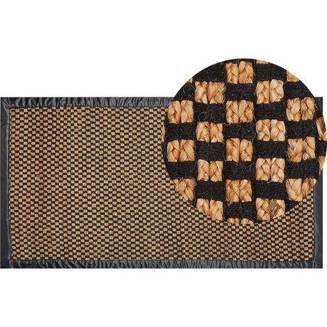 Alfombra de yute algodón cuero negro y beige a cuadros 80 x 150 cm estilo rústico boho Gerce