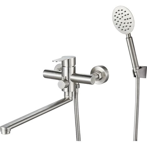 Grifo de bañera con ducha de mano, Mezclador de bañera con caño largo de 30 cm, Mezclador de ducha de baño de pared, Cepillado, (1/4)