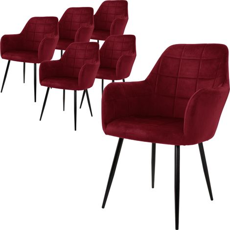 ECD Germany Set 6x Sedie da Pranzo Bordeaux Poltrone Imbottite in Velluto - Stile Design Retro Vintage Scandinavo - Gambe in Metallo - per Sala da Pranzo Soggiorno Cucina o Ufficio